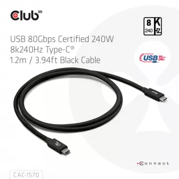 Kabel USB Type-C CLUB3D CAC-1570 1,2m — 80 Gb/s, 240 W, obsługa 8K@240 Hz, czarny
