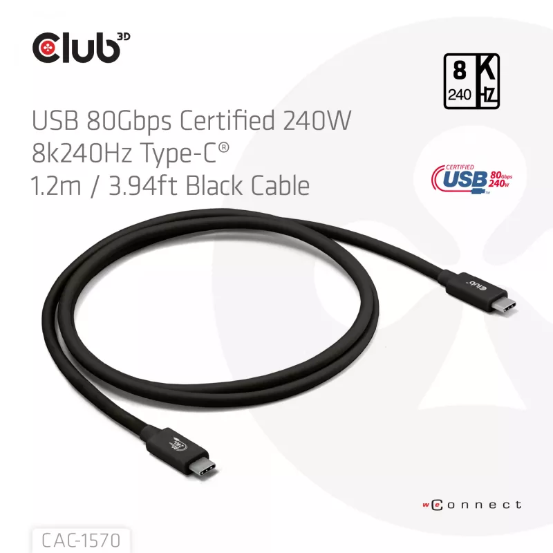 Kabel USB Type-C CLUB3D CAC-1570 1,2m — 80 Gb/s, 240 W, obsługa 8K@240 Hz, czarny