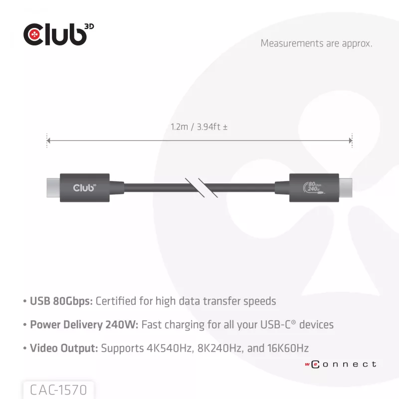 Kabel USB Type-C CLUB3D CAC-1570 1,2m — 80 Gb/s, 240 W, obsługa 8K@240 Hz, czarny