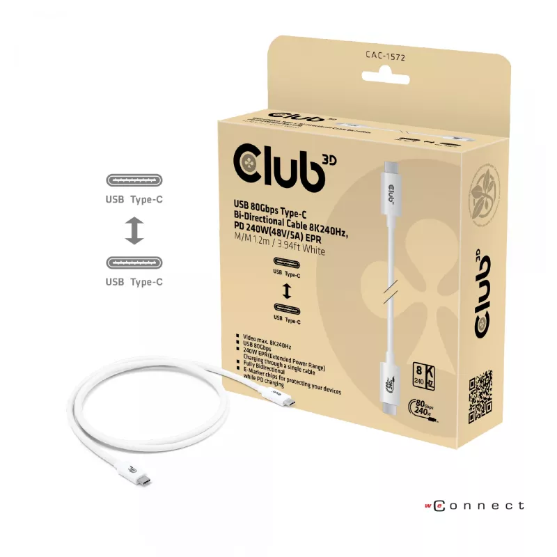 CLUB3D USB 80Gbps certyfikowany 240W 8K240Hz Type-C® 1.2m / 3.94ft czarny kabel