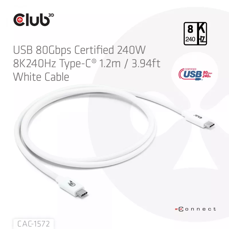 CLUB3D USB 80Gbps certyfikowany 240W 8K240Hz Type-C® 1.2m / 3.94ft czarny kabel