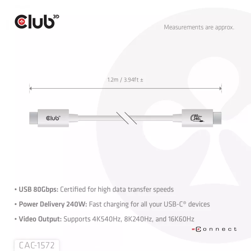 CLUB3D USB 80Gbps certyfikowany 240W 8K240Hz Type-C® 1.2m / 3.94ft czarny kabel