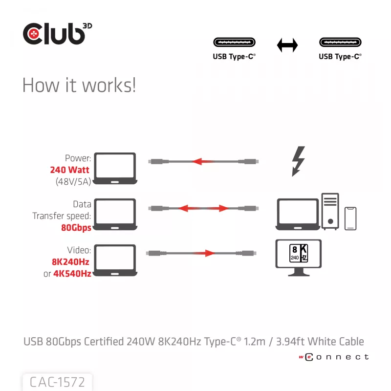CLUB3D USB 80Gbps certyfikowany 240W 8K240Hz Type-C® 1.2m / 3.94ft czarny kabel