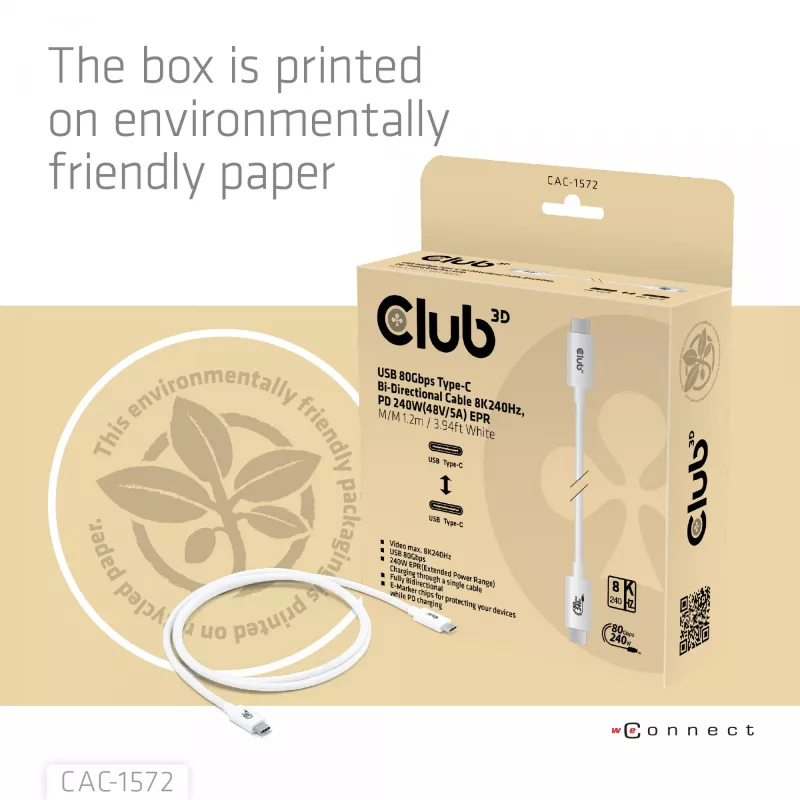 CLUB3D USB 80Gbps certyfikowany 240W 8K240Hz Type-C® 1.2m / 3.94ft czarny kabel