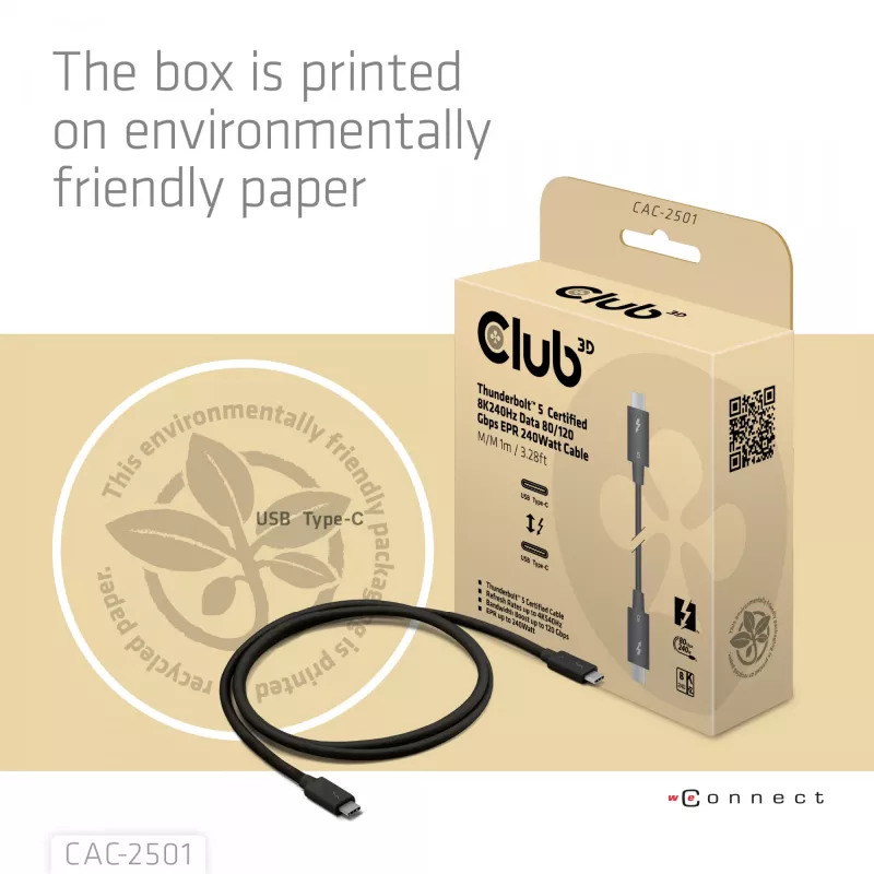 CLUB3D Thunderbolt™ 5 Certified 8K240Hz Data 80/120 Gbps EPR 240 Watt Cable M/M 1m / 3.28ft