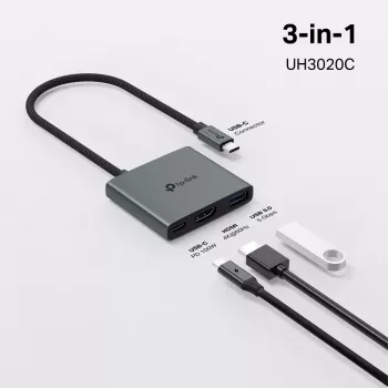 Hub USB Type-C TP-Link UH3020C — 3-portowy (HDMI, USB-A, USB-C), 5 Gbit/s, HDMI 4K@60Hz, PD do 100W, aluminium, kabel 0,18 m