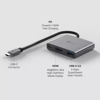 Hub USB Type-C TP-Link UH3020C — 3-portowy (HDMI, USB-A, USB-C), 5 Gbit/s, HDMI 4K@60Hz, PD do 100W, aluminium, kabel 0,18 m