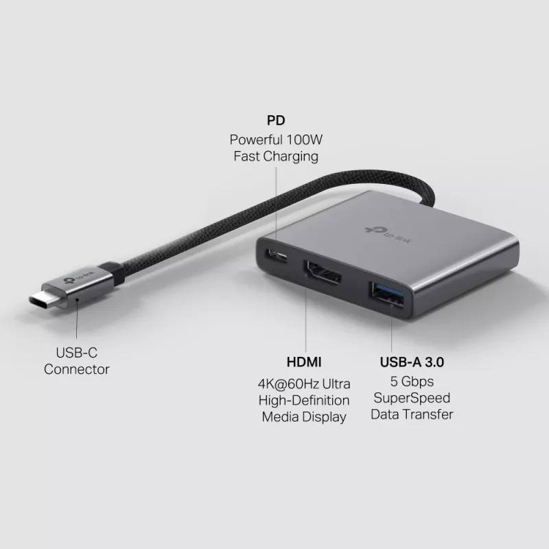 Hub USB Type-C TP-Link UH3020C — 3-portowy (HDMI, USB-A, USB-C), 5 Gbit/s, HDMI 4K@60Hz, PD do 100W, aluminium, kabel 0,18 m