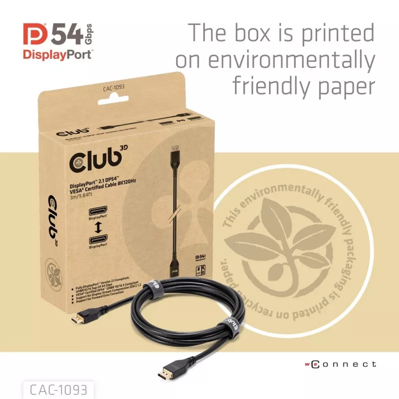 CLUB3D DisplayPort™ 2.1 DP54™ certyfikowany kabel VESA® 8K120Hz 3m/ 9.84ft