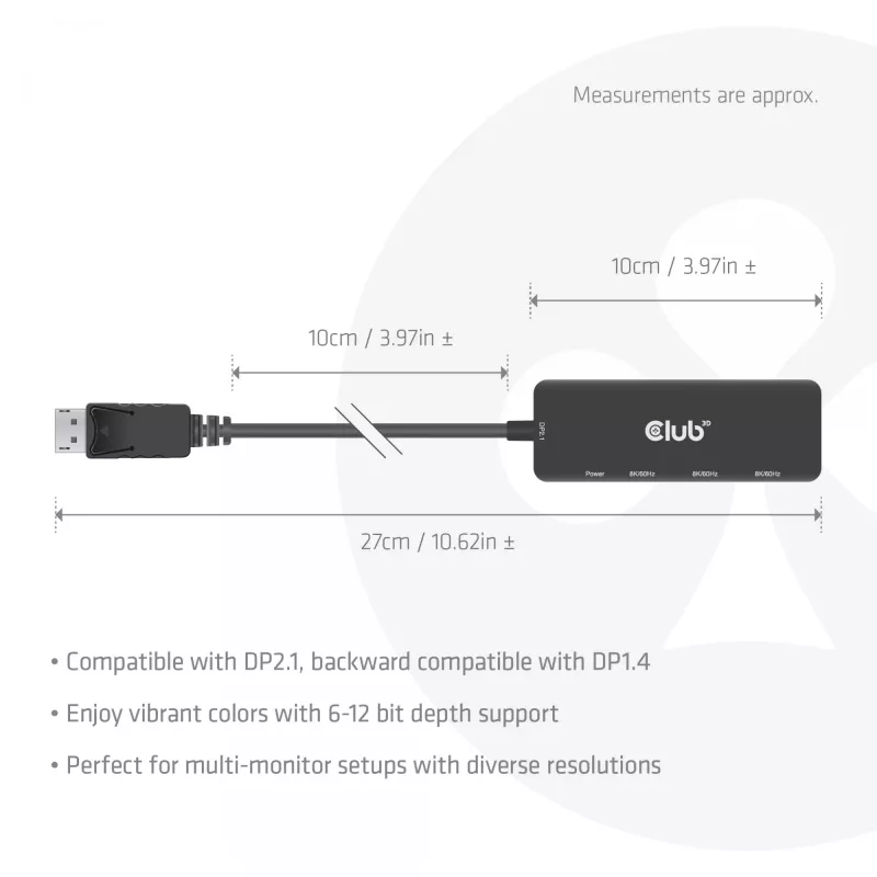 CLUB3D DisplayPort™ na Triple HDMI™ 8K60Hz Hub, DisplayPort, HDMI, 2.1b/1.4a, 13,5 Mbit/s, 120 Hz, 3840 x 2160, 7680 x 4320