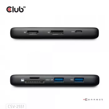 CLUB3D 8-1 Przenośna stacja dokująca USB Type-C® 10Gbps do HDMI™ i DisplayPort™ 8K30Hz PD maks. 100W