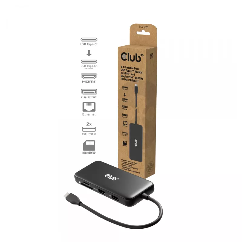 CLUB3D 8-1 Przenośna stacja dokująca USB Type-C® 10Gbps do HDMI™ i DisplayPort™ 8K30Hz PD maks. 100W