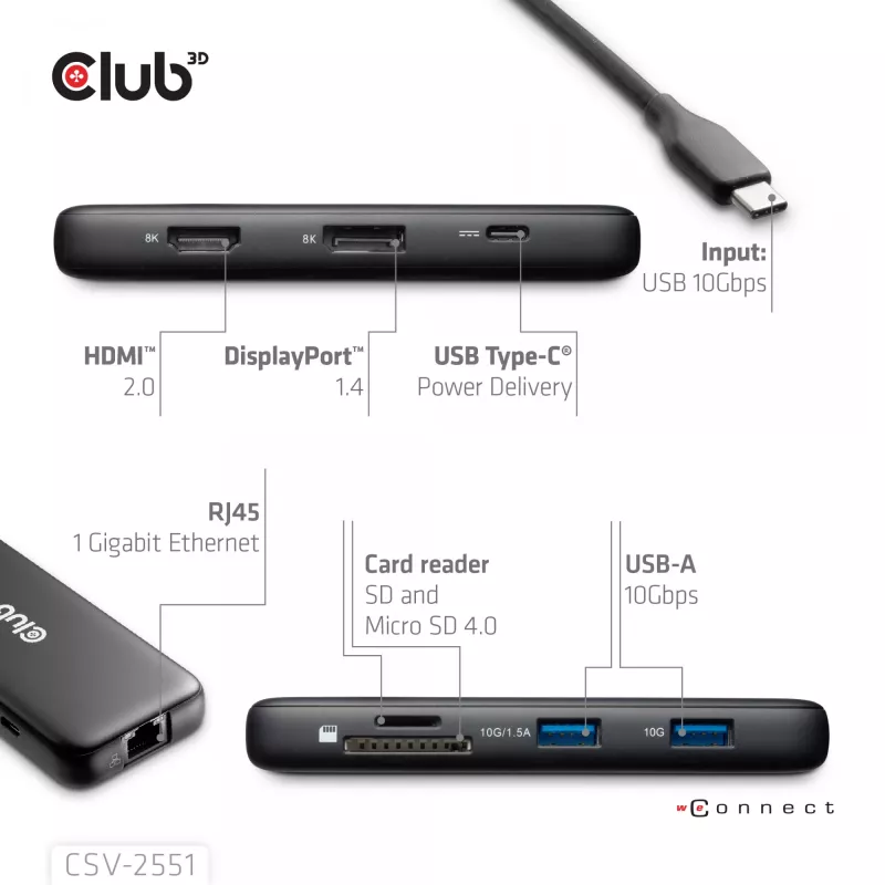 CLUB3D 8-1 Przenośna stacja dokująca USB Type-C® 10Gbps do HDMI™ i DisplayPort™ 8K30Hz PD maks. 100W