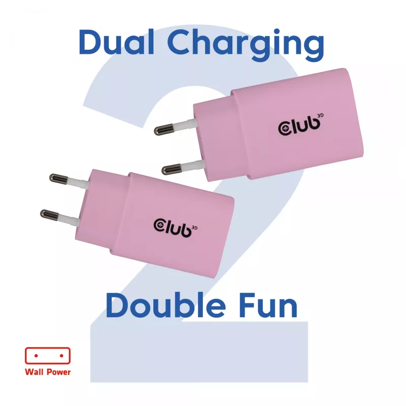CLUB3D 2-Pack USB C Charger 30 Watt Whit, Indoor, AC, Pink
