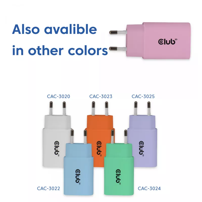 CLUB3D 2-Pack USB C Charger 30 Watt Whit, Indoor, AC, Pink