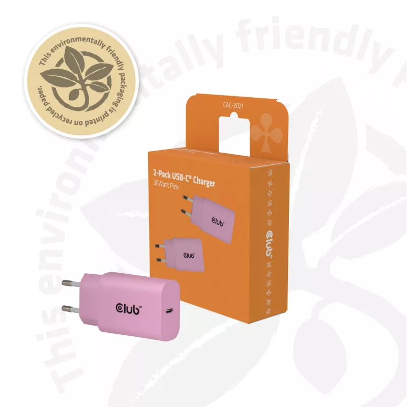 CLUB3D 2-Pack USB C Charger 30 Watt Whit, Indoor, AC, Pink
