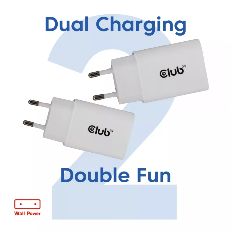 Ładowarka USB‑C 2 szt. CLUB3D CAC-3020, łączna moc 30 W, biała