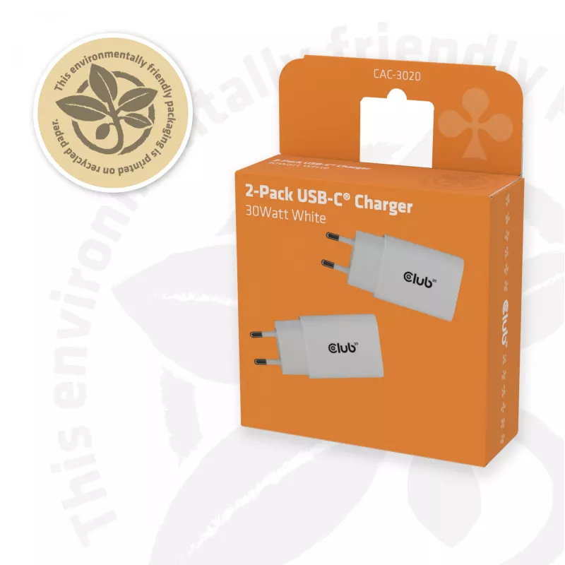 Ładowarka USB‑C 2 szt. CLUB3D CAC-3020, łączna moc 30 W, biała