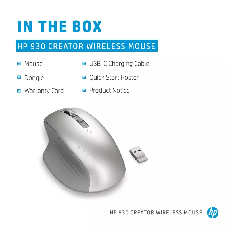 Mysz bezprzewodowa HP 930 Creator, praworęczna, Bluetooth, 3000 DPI, srebrna
