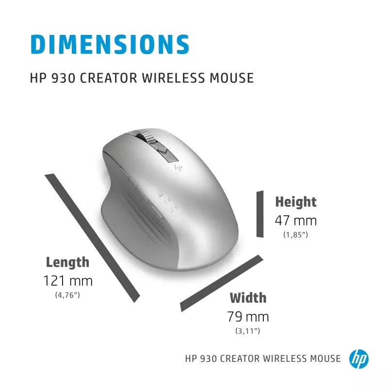 Mysz bezprzewodowa HP 930 Creator, praworęczna, Bluetooth, 3000 DPI, srebrna