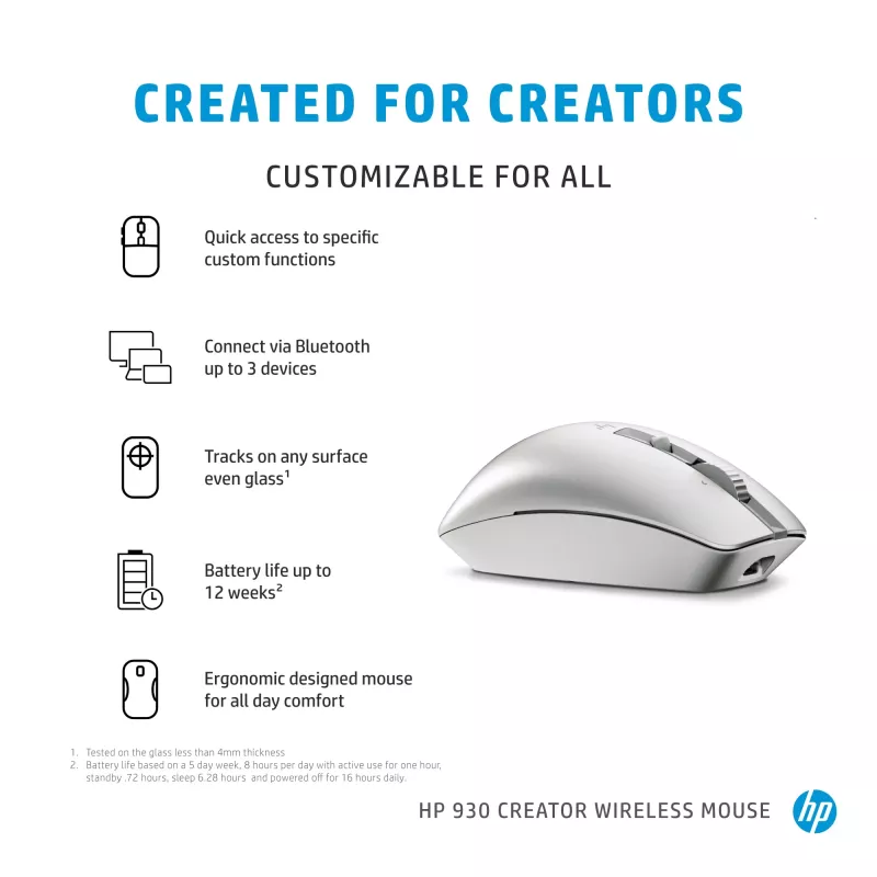 Mysz bezprzewodowa HP 930 Creator, praworęczna, Bluetooth, 3000 DPI, srebrna