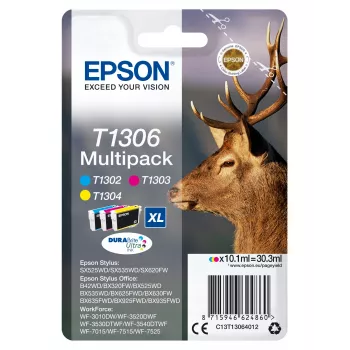 Epson Stag Multipack 3-kolory T1306 DURABrite Ultra Ink, Wysoka (XL) wydajność, cyjan, magenta, żółty, Atrament pigmentowy, 10,1 ml, 1 szt., Multi pack