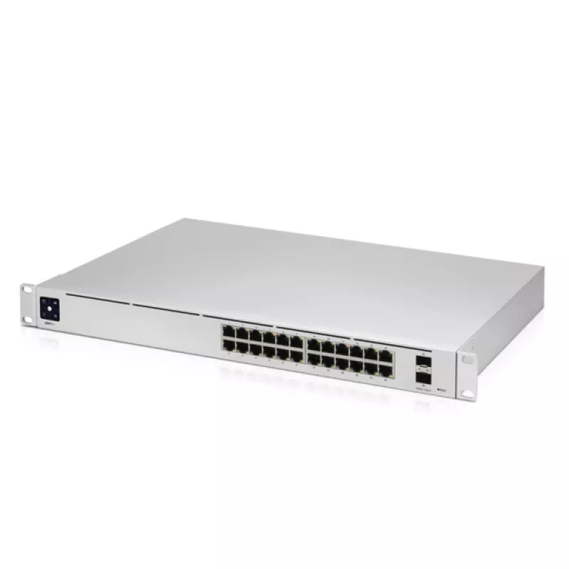 Przełącznik zarządzalny UBIQUITI USW-PRO-24-EU — 24× Gigabit RJ-45, 2× SFP+, L2/L3, do montażu w szafie, srebrny