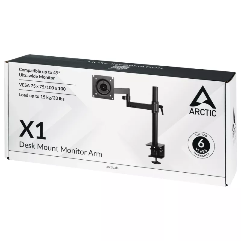 ARCTIC X1 - Uchwyt monitora na biurko, zacisk, 10 kg, 101,6 cm (40 inch), 109,2 cm (43 inch), 100 x 100 mm, Czarny