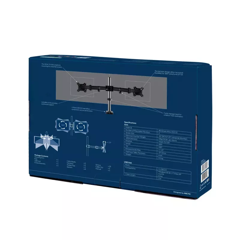 ARCTIC Z2 (Gen 3) - Podwójne ramię do monitorów z hubem USB