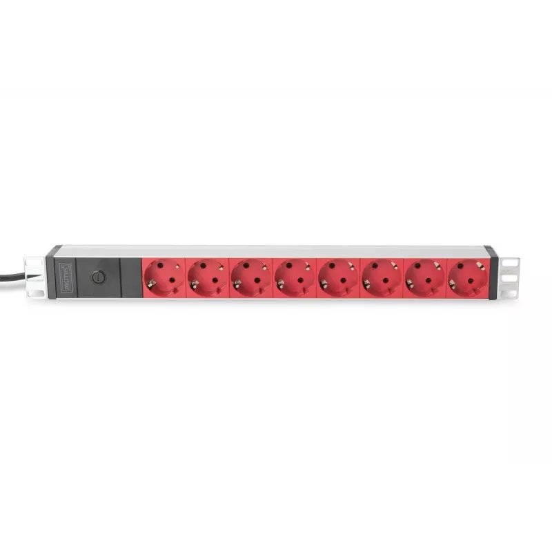 DIGITUS 1U Aluminium PDU, rackmountable 10A Plug, 250VAC 50/60Hz, 8x Czerwony CEE 7/7 outlet pre-fuse, IEC C14 plug