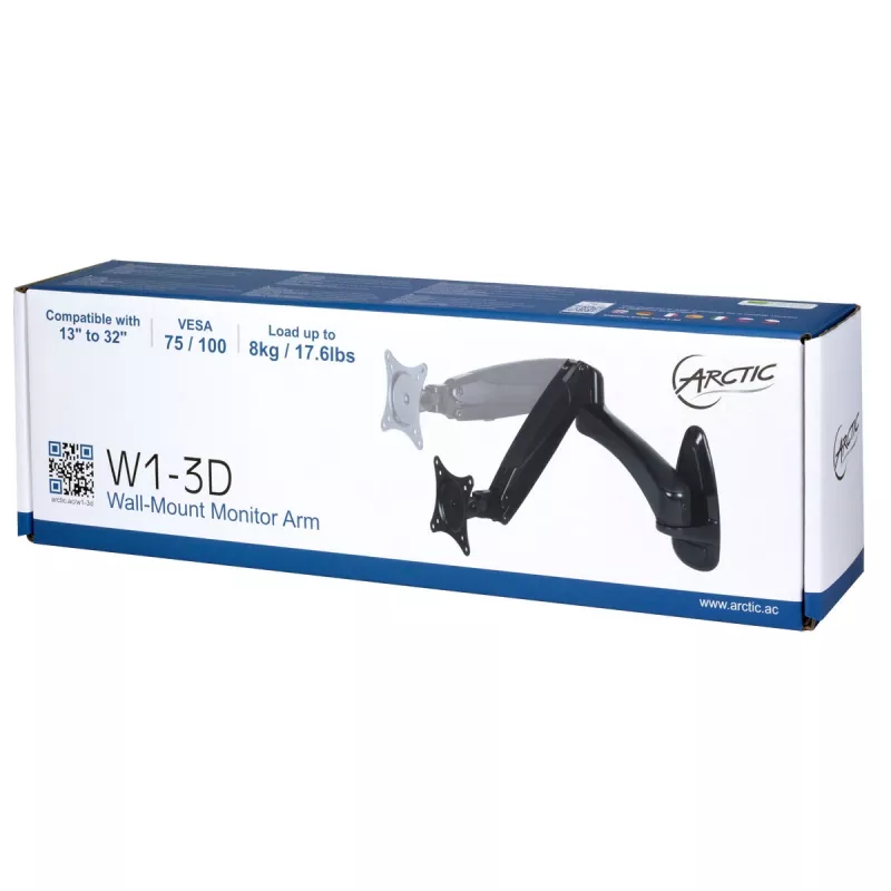 ARCTIC W1-3D - Monitor Wall Mount with Gas Lift Technology, 8 kg, 33 cm (13 inch), 81.3 cm (32 inch), 75 x 75 mm, 100 x 100 mm, Czarny