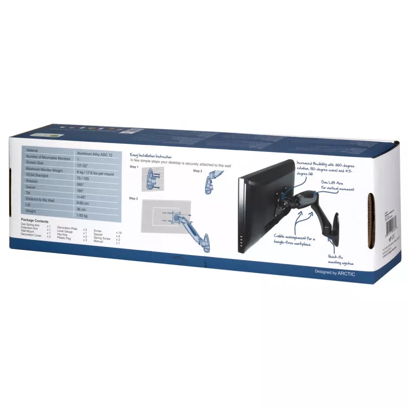 ARCTIC W1-3D - Monitor Wall Mount with Gas Lift Technology, 8 kg, 33 cm (13 inch), 81.3 cm (32 inch), 75 x 75 mm, 100 x 100 mm, Czarny