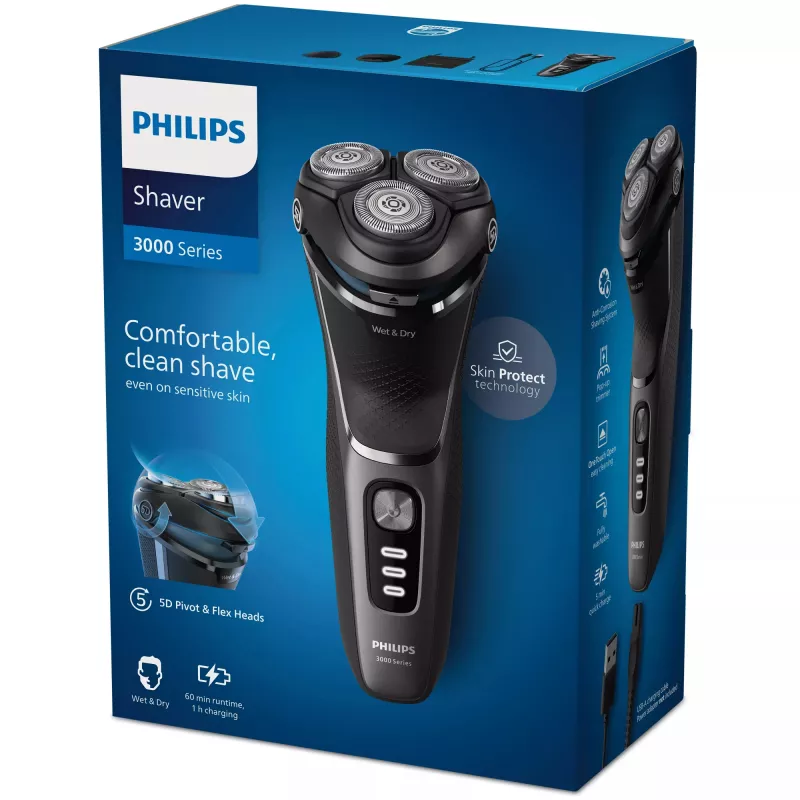 Golarka elektryczna Philips 3000 Series S3343/13 — 3-głowicowa obrotowa, na mokro i sucho, bateria 60 min, ostrza PowerCut