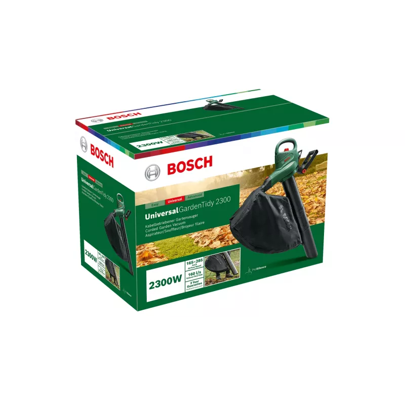 Dmuchawa ręczna Bosch Universal GardenTidy 2300 — 2300 W, 576 m³/h, worek zbiorczy 45 L, 185–285 km/h, funkcja rozdrabniania