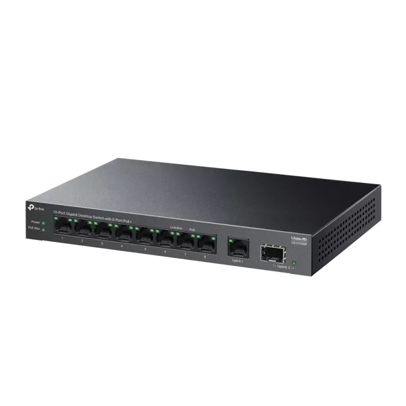 Przełącznik niezarządzalny TP-LINK LS1210GP 10-portowy Gigabit, 8× PoE+ (61 W łącznie), 1× SFP, 9× RJ‑45 Gigabit