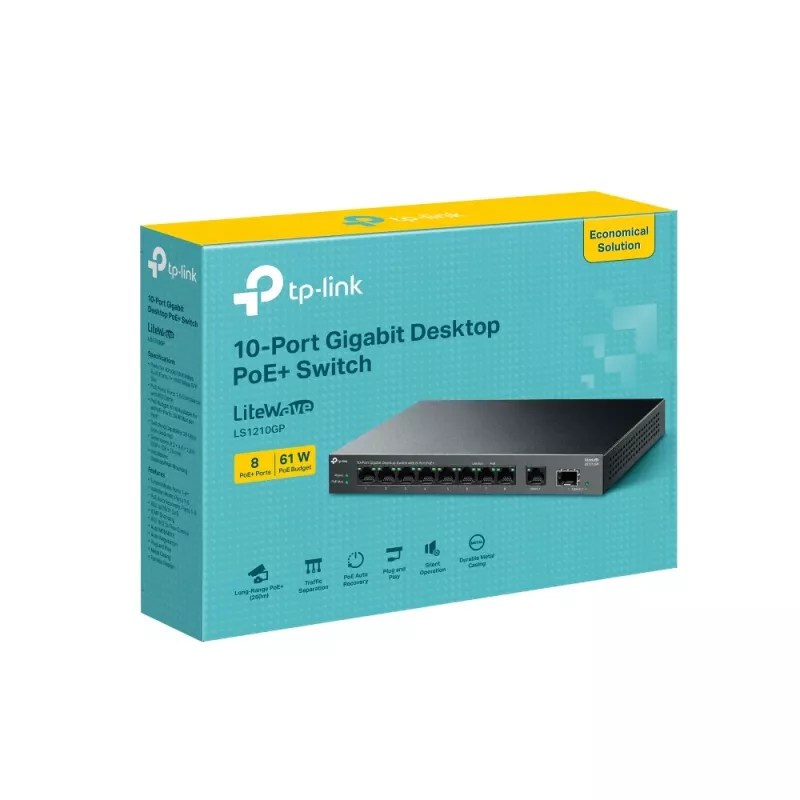 Przełącznik niezarządzalny TP-LINK LS1210GP 10-portowy Gigabit, 8× PoE+ (61 W łącznie), 1× SFP, 9× RJ‑45 Gigabit