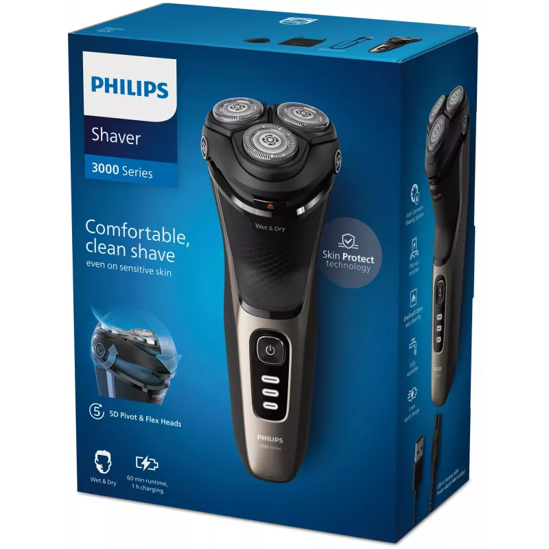 Golarka elektryczna Philips 3000 Series S3242/12 — rotacyjna 3-głowicowa, mokro i sucho, 60 min pracy, litowo-jonowa