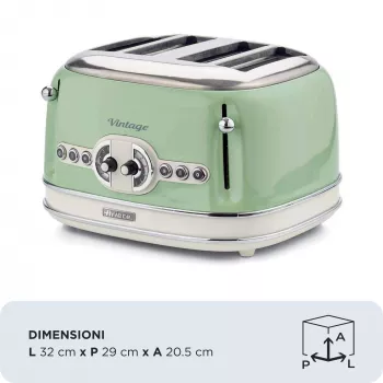Ariete 156 4 Slice Vintage Toaster, 1600 W, 6 poziomów opiekania, stal nierdzewna malowana w kolorze pastelowej zieleni, bez koszyków do kanapek. Zielony