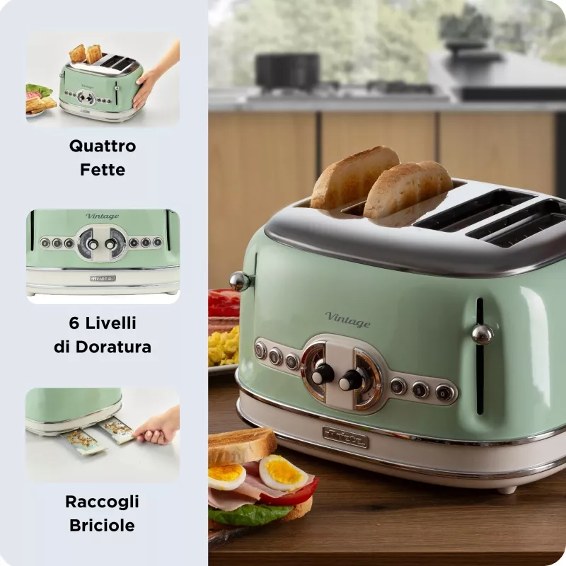 Ariete 156 4 Slice Vintage Toaster, 1600 W, 6 poziomów opiekania, stal nierdzewna malowana w kolorze pastelowej zieleni, bez koszyków do kanapek. Zielony