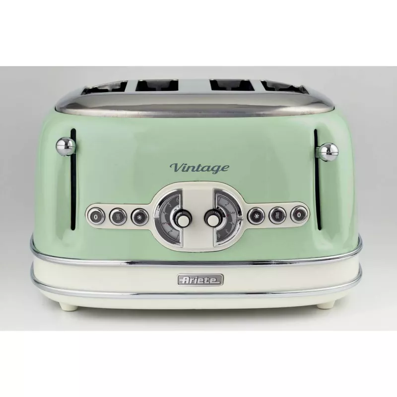 Ariete 156 4 Slice Vintage Toaster, 1600 W, 6 poziomów opiekania, stal nierdzewna malowana w kolorze pastelowej zieleni, bez koszyków do kanapek. Zielony