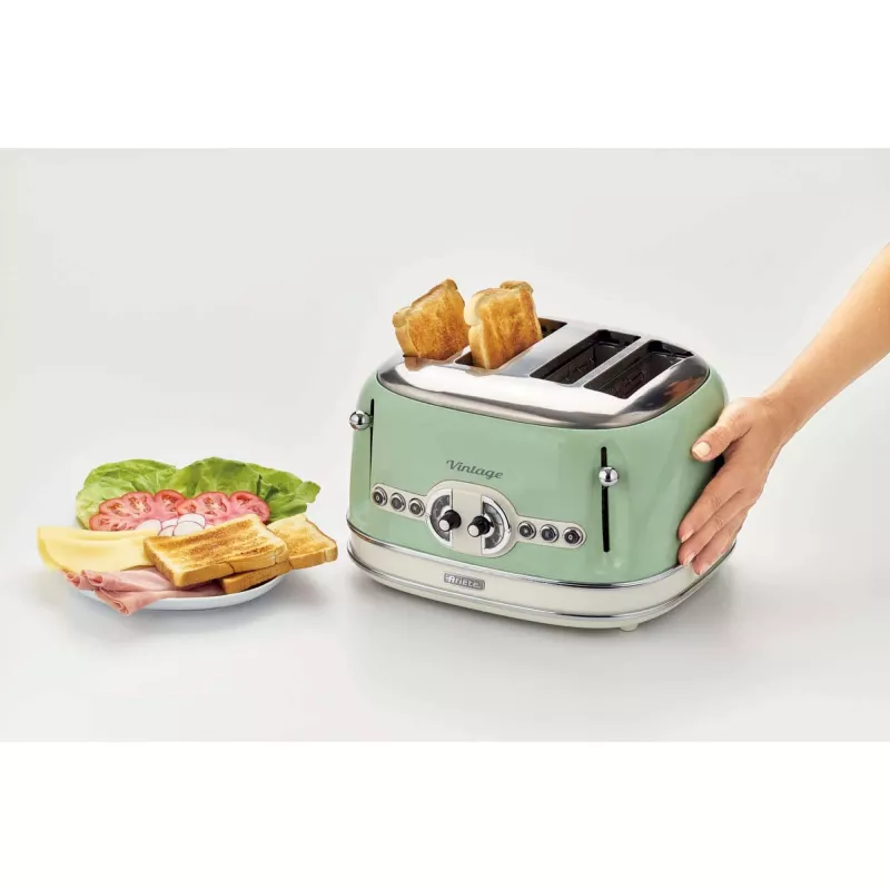 Ariete 156 4 Slice Vintage Toaster, 1600 W, 6 poziomów opiekania, stal nierdzewna malowana w kolorze pastelowej zieleni, bez koszyków do kanapek. Zielony