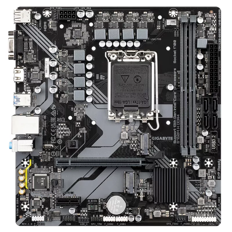 Płyta główna GIGABYTE B760M H DDR4 - obsługa procesorów Intel Core 14. generacji, 6+1+1 fazowa cyfrowa sekcja VRM, do 3200MHz DDR4 (OC), 2xPCIe 4.0 M.2, GbE LAN, USB 3.2 Gen1