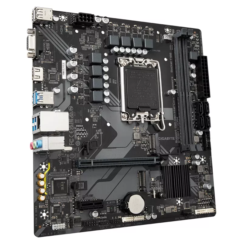 Płyta główna GIGABYTE B760M H DDR4 - obsługa procesorów Intel Core 14. generacji, 6+1+1 fazowa cyfrowa sekcja VRM, do 3200MHz DDR4 (OC), 2xPCIe 4.0 M.2, GbE LAN, USB 3.2 Gen1