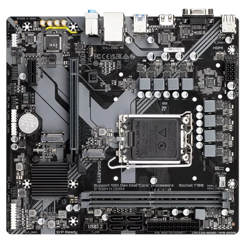 Płyta główna GIGABYTE B760M H DDR4 - obsługa procesorów Intel Core 14. generacji, 6+1+1 fazowa cyfrowa sekcja VRM, do 3200MHz DDR4 (OC), 2xPCIe 4.0 M.2, GbE LAN, USB 3.2 Gen1