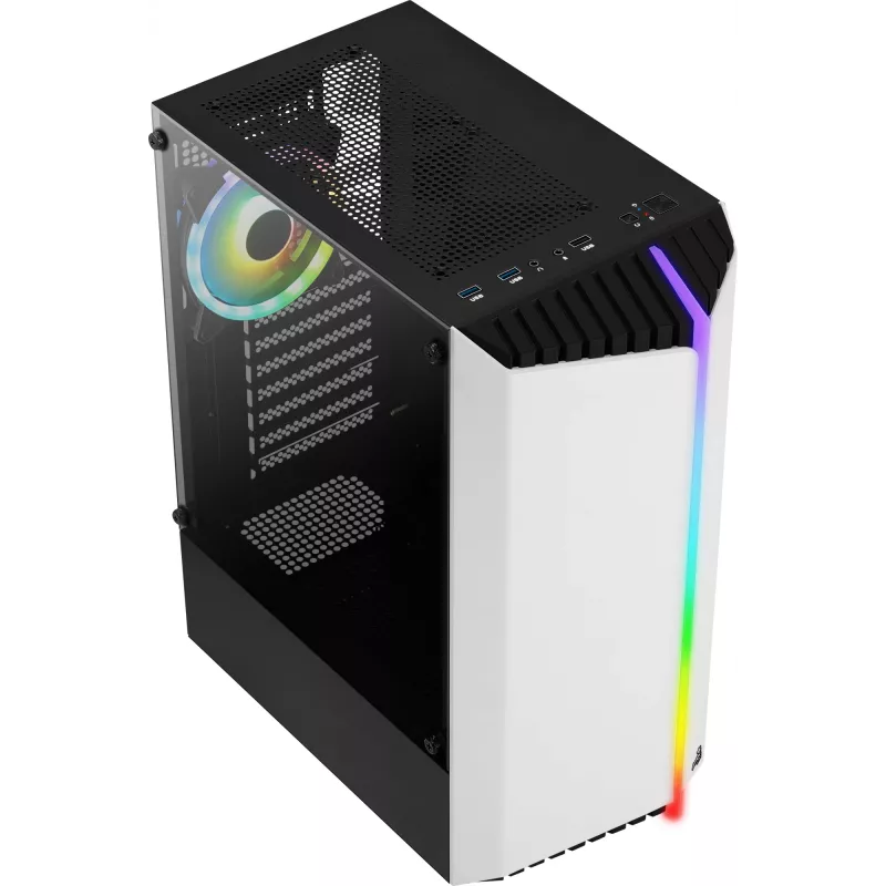 Obudowa PC AEROCOOL Bionic Midi Tower Biała — ATX, szkło hartowane, 2x wnęki 3,5 cala, 6x 2,5 cala, GPU 297 mm, niebieski LED