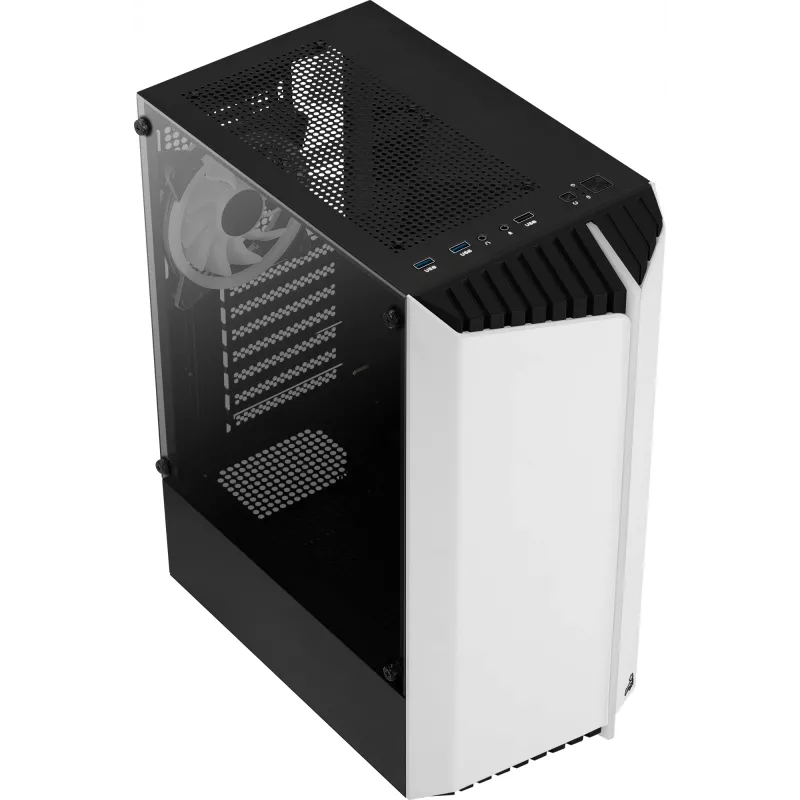 Obudowa PC AEROCOOL Bionic Midi Tower Biała — ATX, szkło hartowane, 2x wnęki 3,5 cala, 6x 2,5 cala, GPU 297 mm, niebieski LED