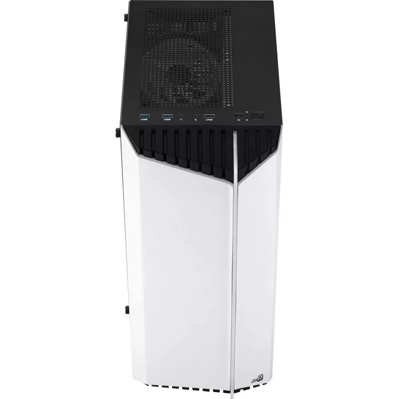 Obudowa PC AEROCOOL Bionic Midi Tower Biała — ATX, szkło hartowane, 2x wnęki 3,5 cala, 6x 2,5 cala, GPU 297 mm, niebieski LED