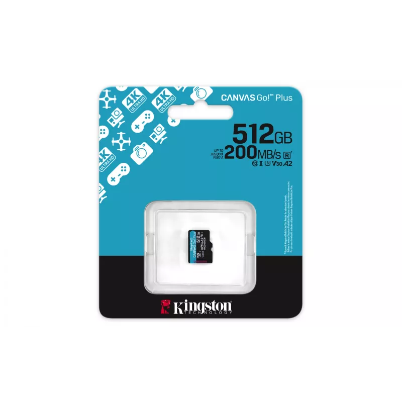 Kingston Technology 512GB microSDXC Canvas Go Plus Gen4 200R A2 U3 pojedyncze opakowanie w/o ADP
