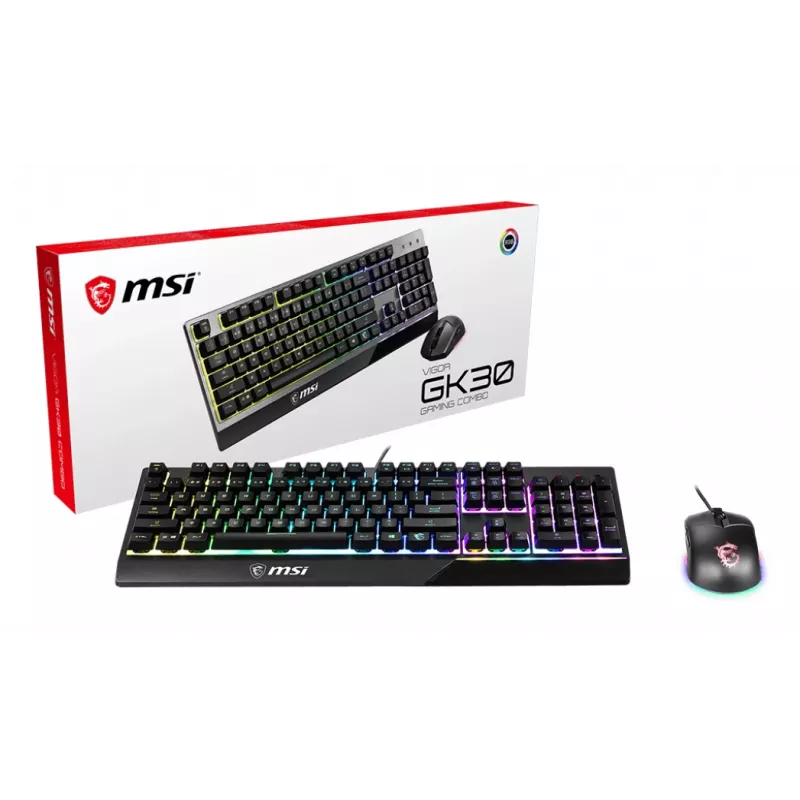 MSI VIGOR GK30 COMBO RGB MEMchaniczna klawiatura gamingowa + mysz Clutch GM11 ' układ UK, 6-strefowe podświetlenie RGB klawiatury, dwustrefowe podświetlenie RGB myszy, czujnik optyczny 5000 DPI, RGB Mystic Light'