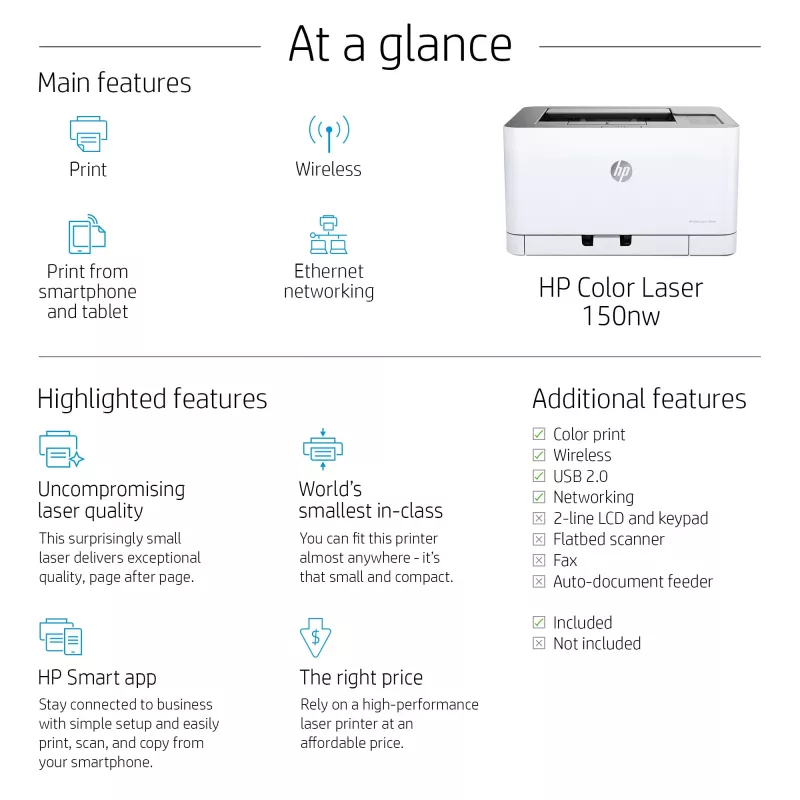 HP Color Laser 150nw, Laser, Kolor, 600 x 600 DPI, A4, 18 ppm, Drukowanie dwustronne